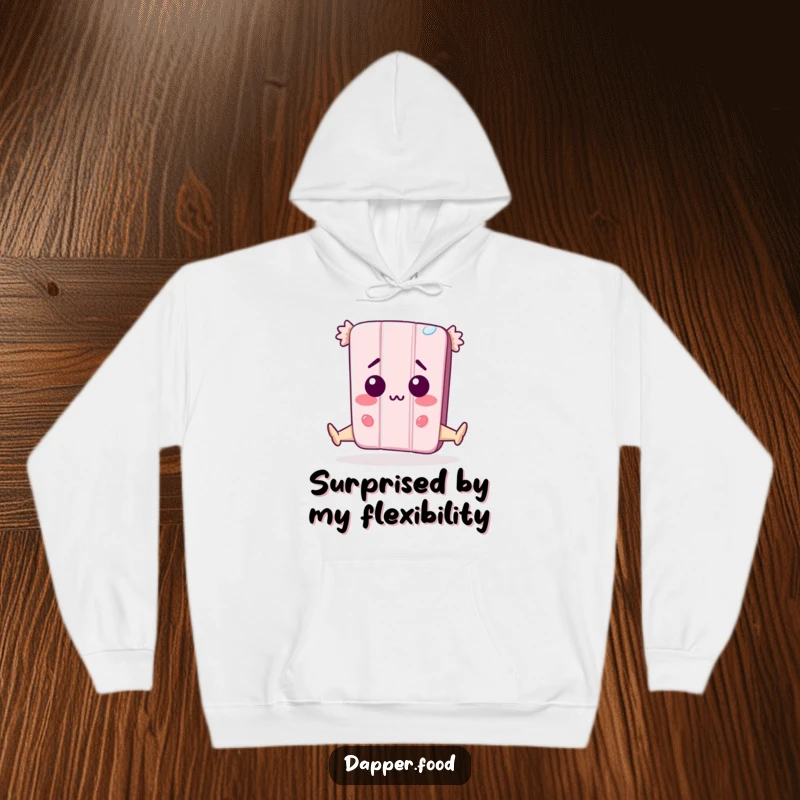 Funny Hoodie: A happy anthropomorphic candy bar character is caught mid-split, looking surprised, creating a humorous and cozy apparel item.