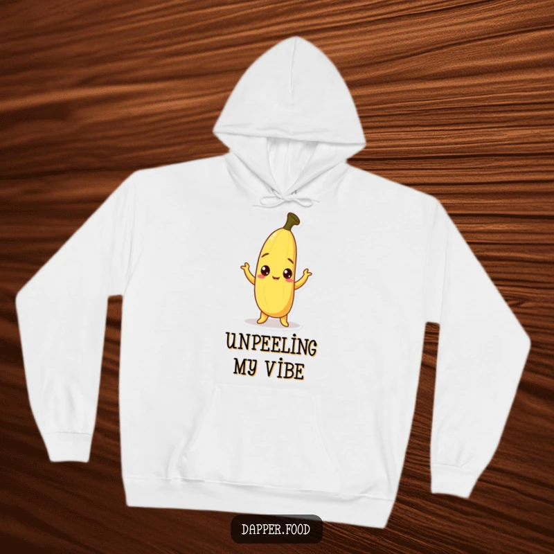 Funny Banana Hoodie showcasing a curious banana character with a peel askew, striking a humorous pose, ensuring warmth and laughs.