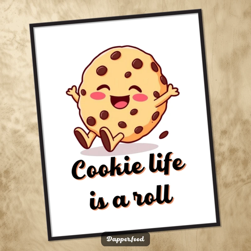 Funny Free Printable Wall Art: A giggling cookie character with chocolate chips rolls downhill with pure glee.