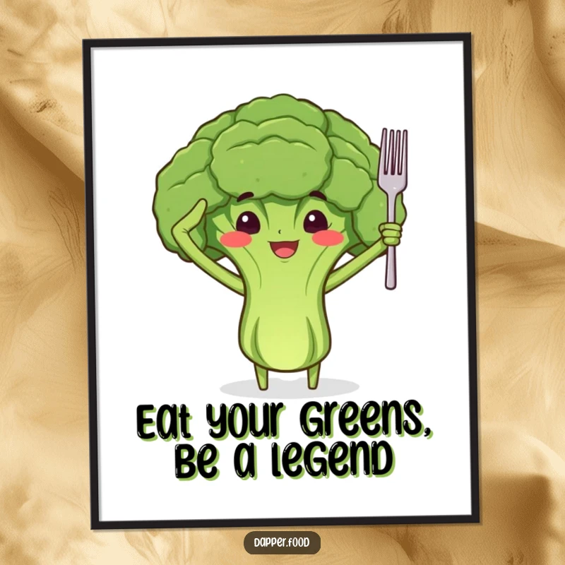 Funny Free Printable Wall Art: A proud broccoli floret with arms holds a tiny fork and gives a proud salute.
