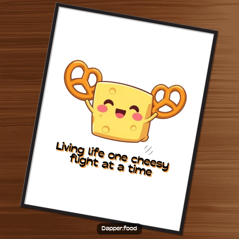 Funny Free Printable Cheese Wall Art, a happy cheese character with pretzel wings soaring through the sky, adding whimsical charm to any room.