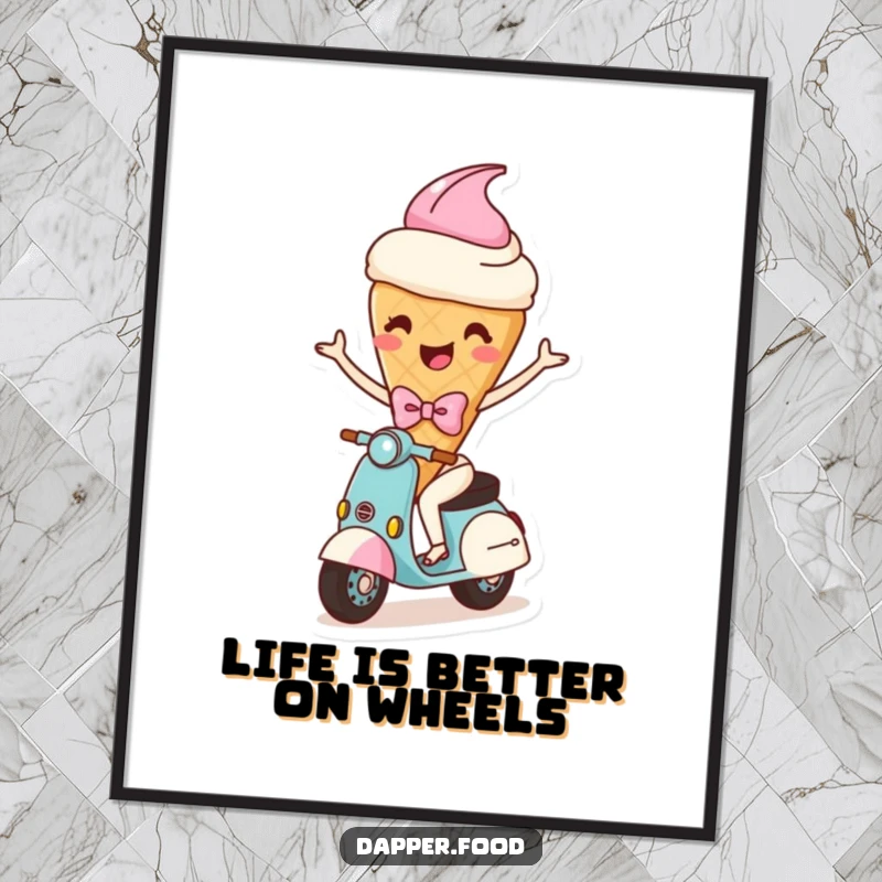 Funny Free Printable Wall Art: A happy ice cream cone character with arms wearing a bow rides a scooter, adding whimsical decor.
