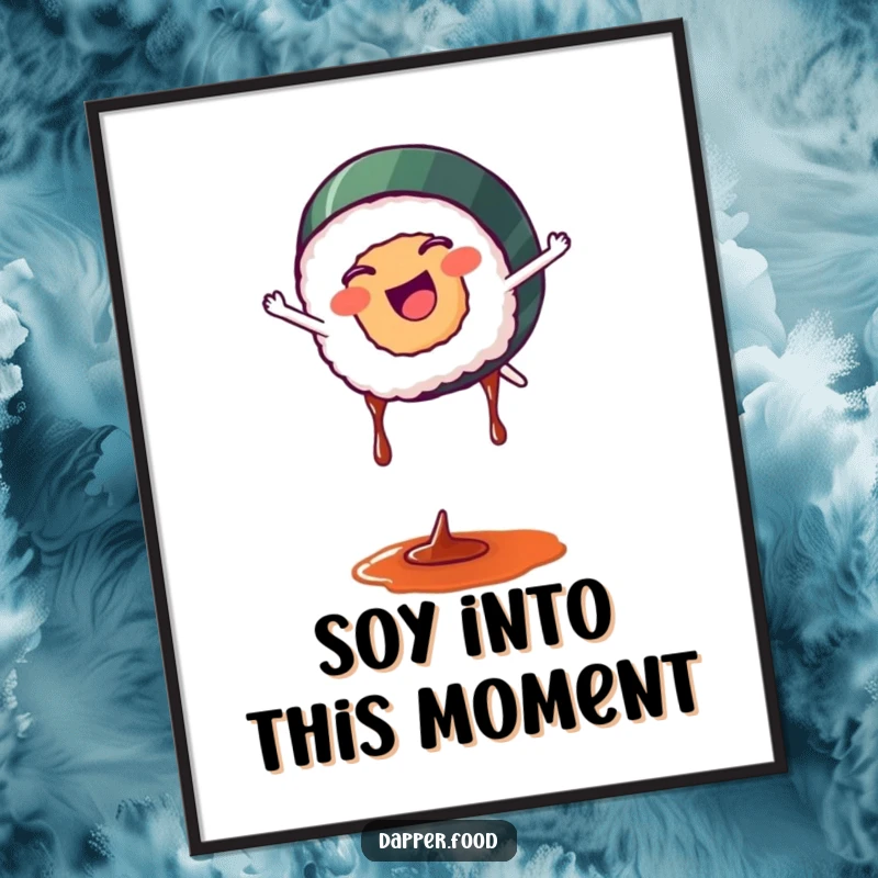 Funny Free Printable Wall Art: A sushi piece performing a cartwheel with soy sauce drips, creating a dynamic food art piece.