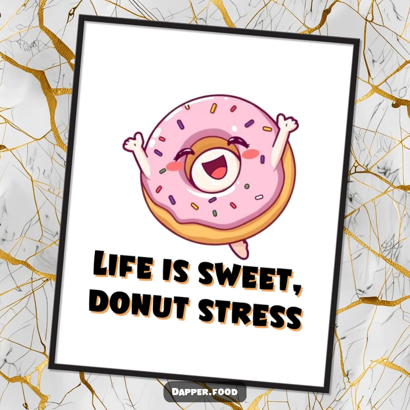 Funny Free Printable Wall Art: A delighted donut character with sprinkles doing a mid-air flip. Sweet downloadable decor.