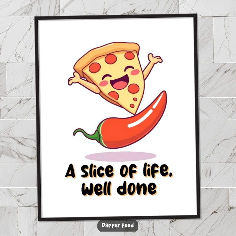 Funny free printable wall art: A pizza in a dramatic acrobatic leap over a chili pepper, dynamic cartoon.