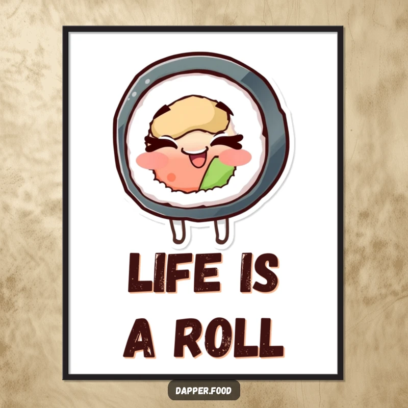 Funny Free Printable Wall Art: A cheerful sushi roll character spinning happily with eyes closed. Playful downloadable decor.