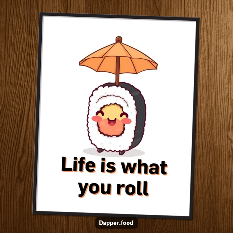 Funny Free Printable Wall Art: A happy sushi roll balances a tiny umbrella, offering a whimsical and cheerful vibe.