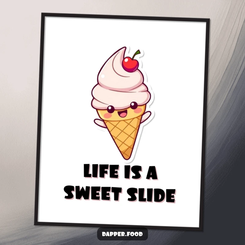 Funny Free Printable Wall Art: Happy ice cream cone character with a cherry topping gleefully sliding down a slope, a humorous digital download.