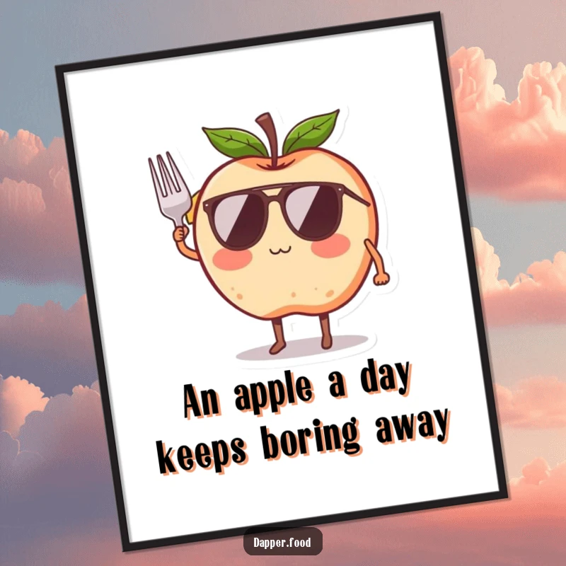 Funny Free Printable Wall Art: A blushing apple with wings and a ribbon tries to take flight, looking adorably determined.