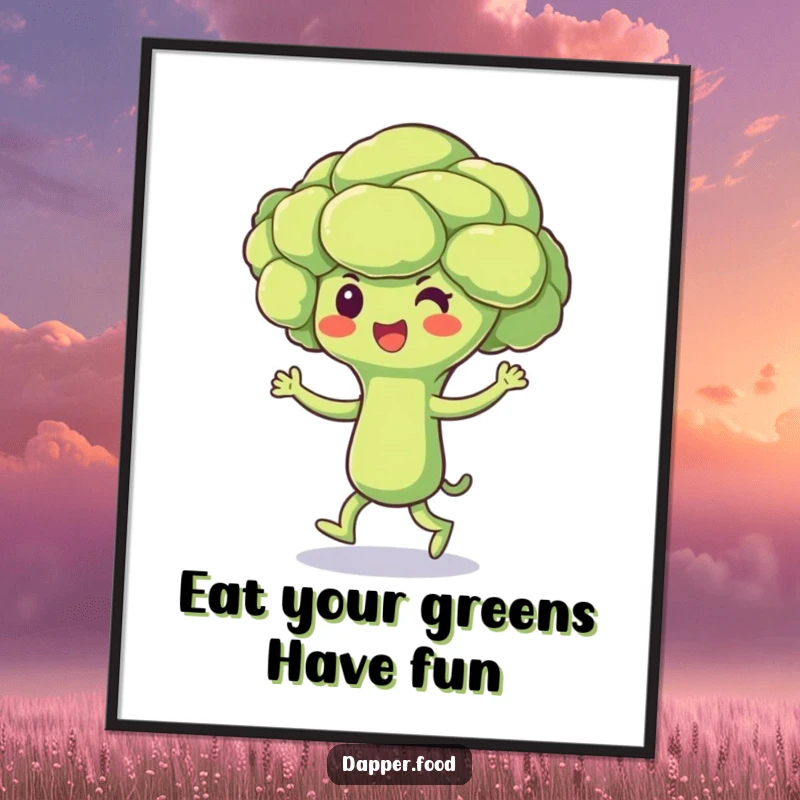 Funny Free Printable Wall Art: A beaming broccoli floret character captured mid-jig, bringing lively, humorous energy to your space.