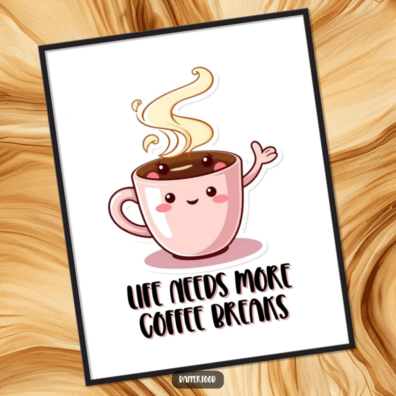 Funny Free Printable Wall Art: A charming coffee cup character with swirling steam, waving cheerfully, perfect for a cozy room.