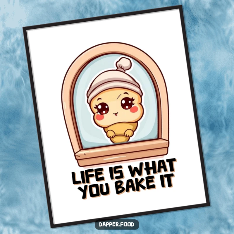 Funny Free Printable Wall Art: A curious croissant character with eyes and a tiny hat peeks playfully from a bakery window.