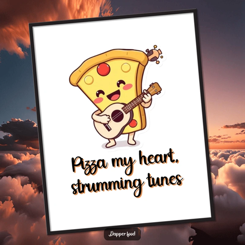Funny Free Printable Wall Art: Smiling anthropomorphic pizza slice character plays a ukulele with glee.