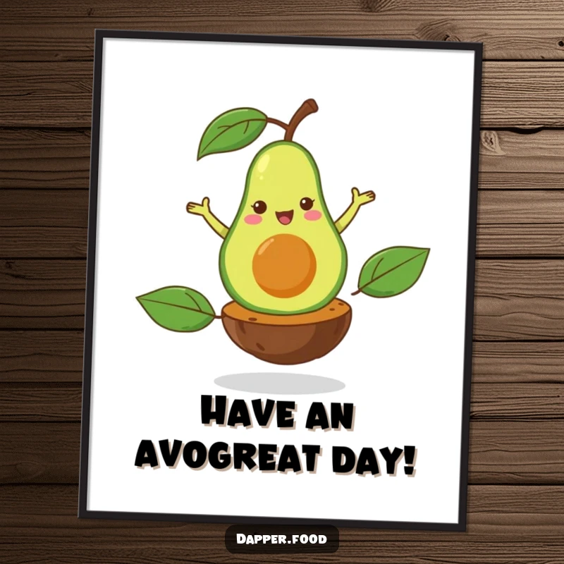 Funny free printable wall art depicting a joyful avocado performing an elegant, flamboyant pirouette balanced perfectly on its pit.