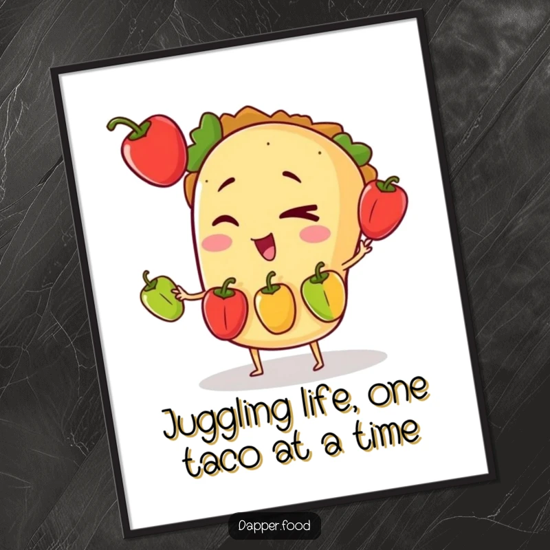 Funny Free Printable Wall Art: Winking taco character attempting to juggle three tiny bell peppers, vibrant and playful.
