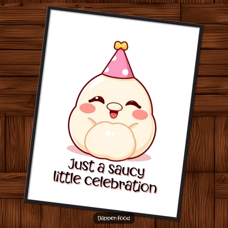 Funny Free Printable Dumpling Wall Art, a cheerful dumpling wearing a tiny party hat winks playfully, adding a dose of cute charm to any wall.