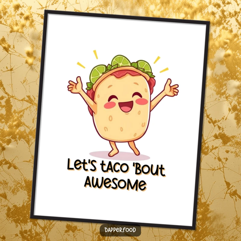 Funny free printable wall art of a cheerful taco performing an energetic victory dance, adorned with lively lime wedges.