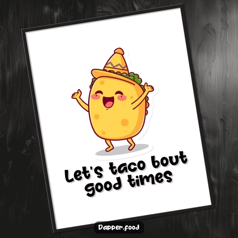 Funny free printable wall art of an excited taco performing a joyful dance, sporting a small sombrero, ready to party.