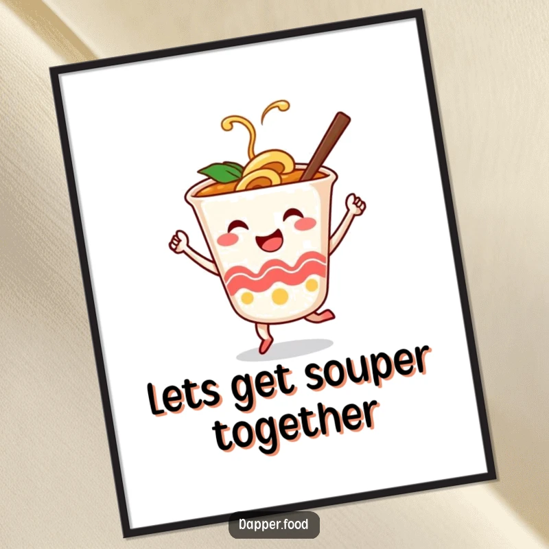 Funny Free Printable Wall Art: A smiling ramen cup character doing a joyful dance, playfully twirling chopsticks as partners.