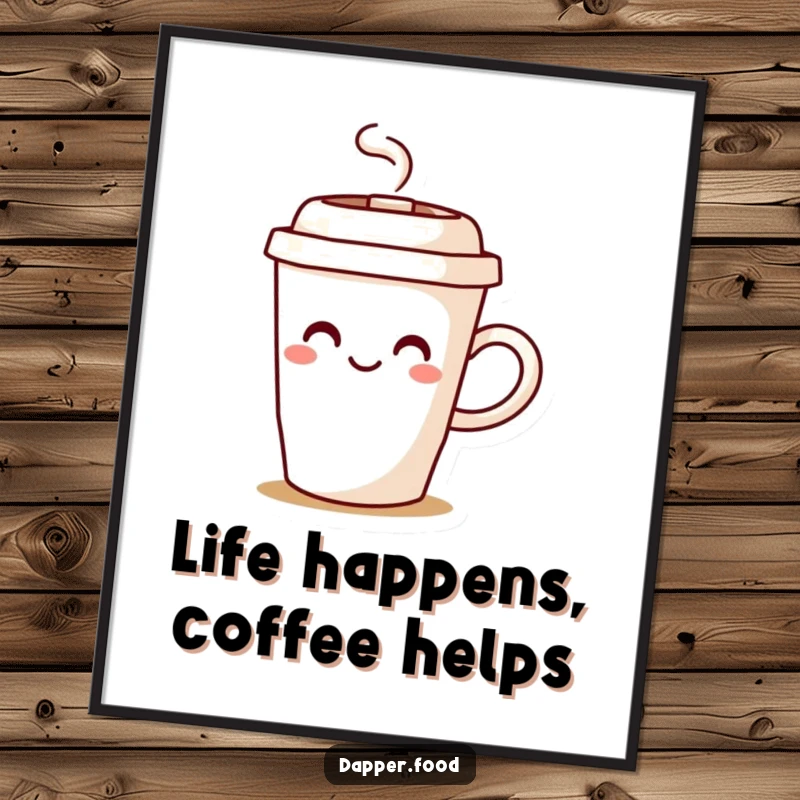 Funny Free Printable Wall Art: Cheerful coffee cup with lid hat, steaming joyfully, whimsical digital art