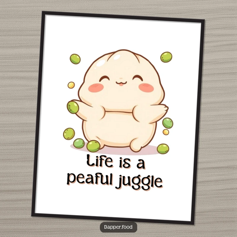 Funny Free Printable Wall Art: Playful dumpling character with rosy cheeks comically juggling small green peas with a cheerful expression, a humorous digital download.