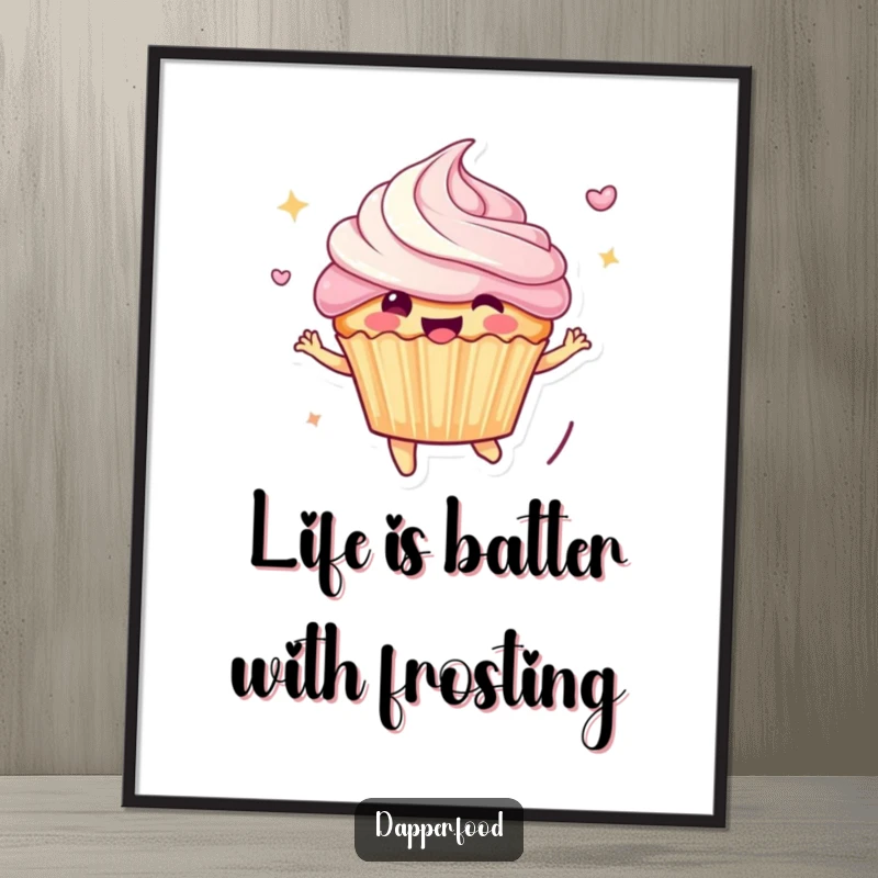 Funny Free Printable Wall Art: An anthropomorphic cupcake character gleefully bouncing, frosting flying dynamically in the air.