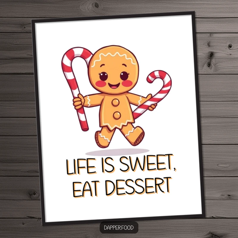 Funny free printable wall art of a gingerbread man with arms running with a giant candy cane, bringing sweet energy.