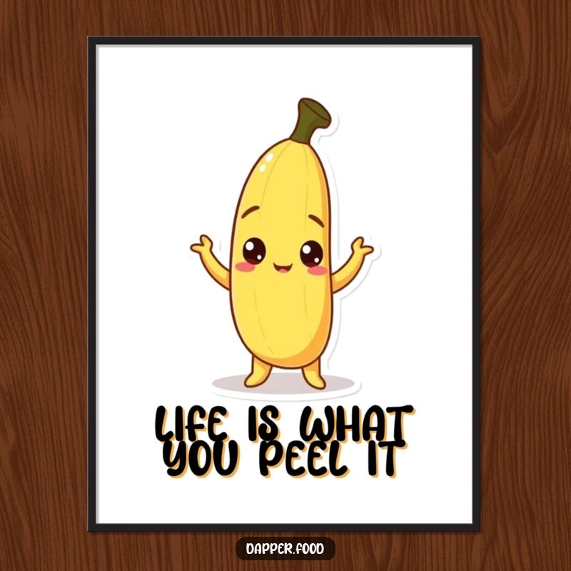 Funny Free Printable Wall Art: A curious banana character with a tilted peel, striking a confident, humorous pose for your decor.