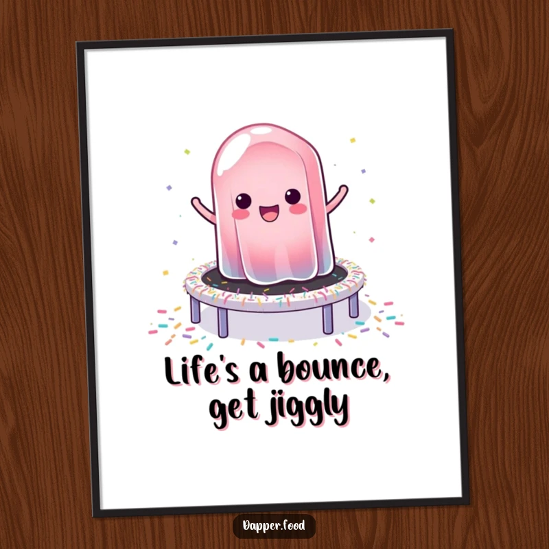 Funny free printable wall art depicting a wobbly piece of jelly gleefully bouncing high on a trampoline constructed from rainbow sprinkles.