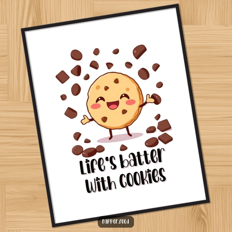 Funny free printable wall art depicting a cheerful, grinning cookie masterfully juggling a pile of tempting chocolate chips.