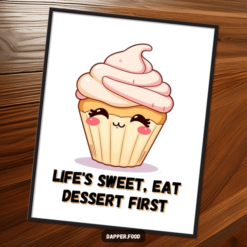Funny Free Printable Wall Art: A giggling cupcake character with frosting blowing a kiss. Sweet downloadable decor.