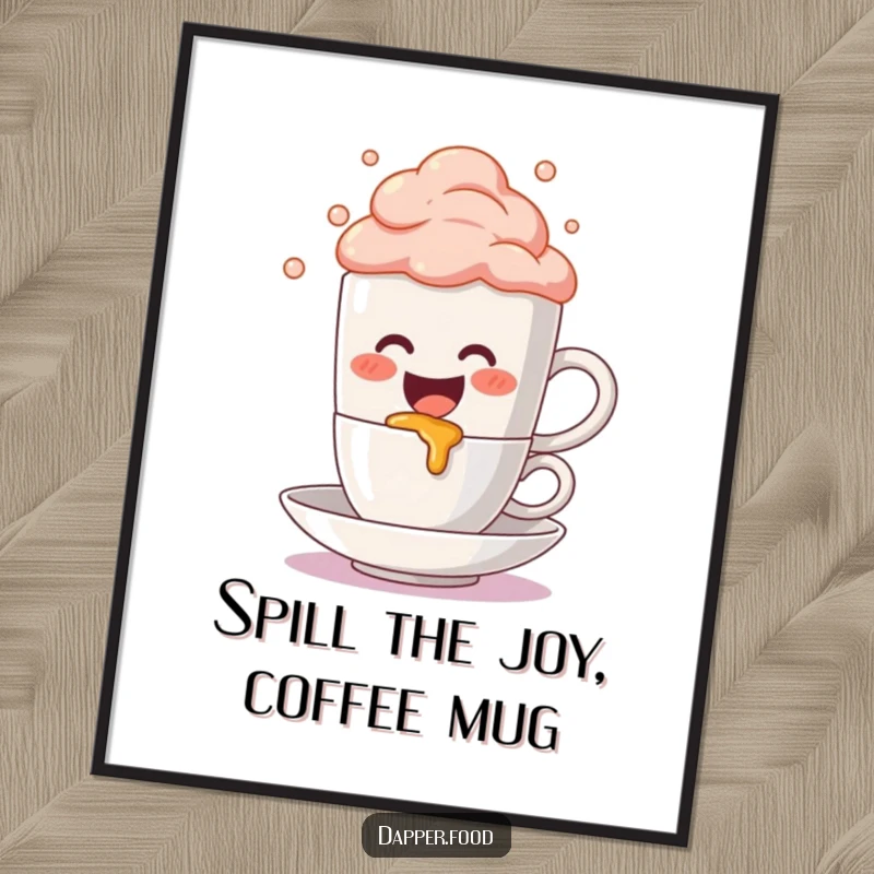 Funny Free Printable Wall Art: A cute coffee mug character enthusiastically spilling bubbly, colorful foam onto a tiny saucer.