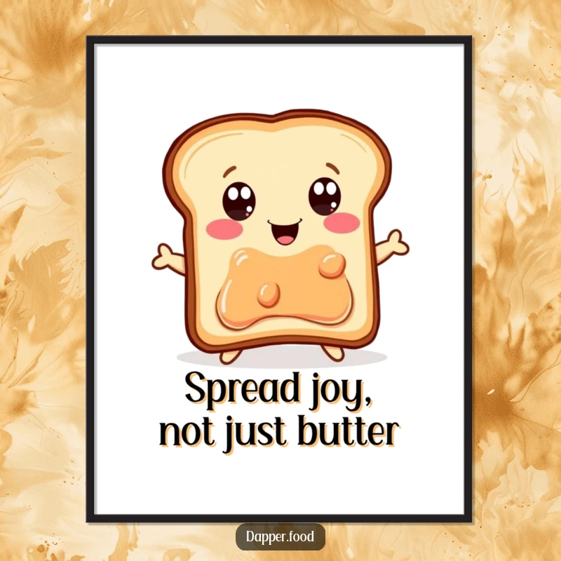 Funny free printable wall art: a delighted piece of toast with eyes eagerly jumps high for a jelly jar, showcasing pure breakfast bliss.