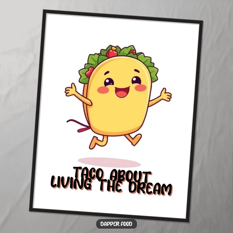 Funny Free Printable Wall Art: A smiling taco character joyfully jumping rope with its shell, capturing movement and humor.