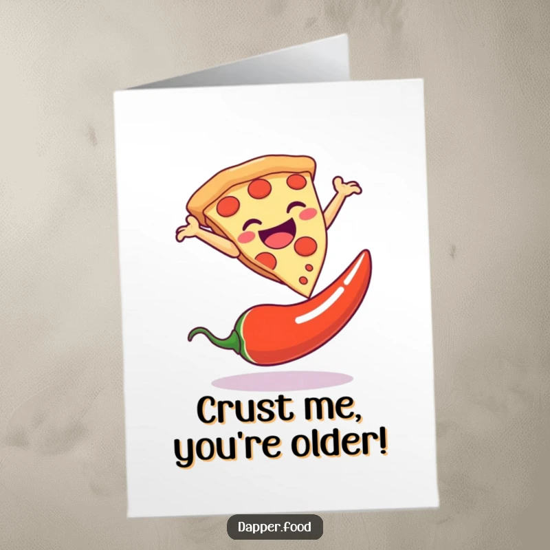 Funny free printable birthday card: A joyful pizza in mid-air leap over spicy chili pepper, cartoon style.