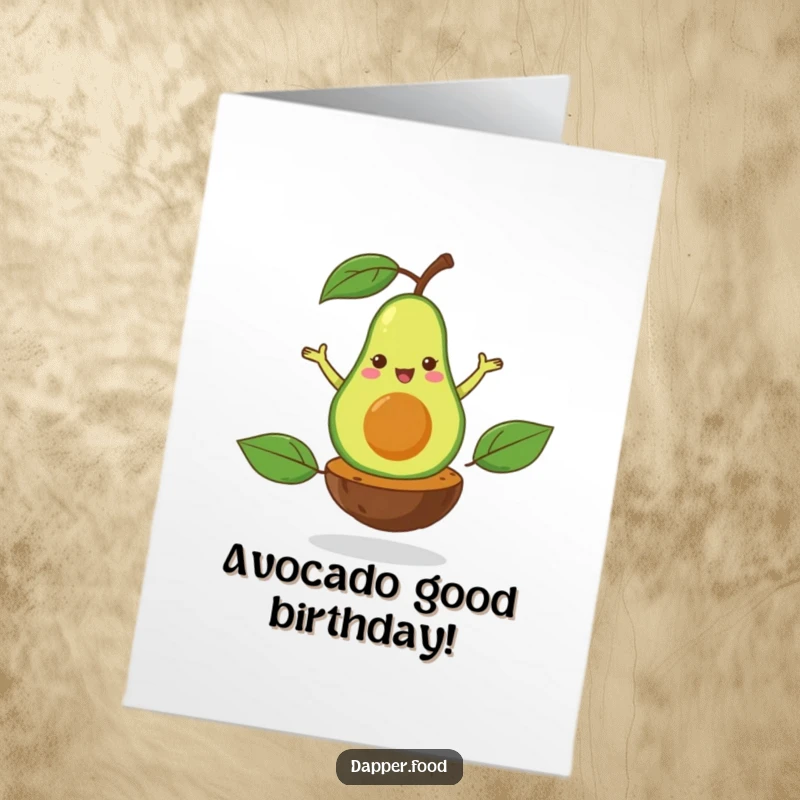 Funny free printable birthday card featuring a happy avocado performing a flamboyant pirouette on its central pit.