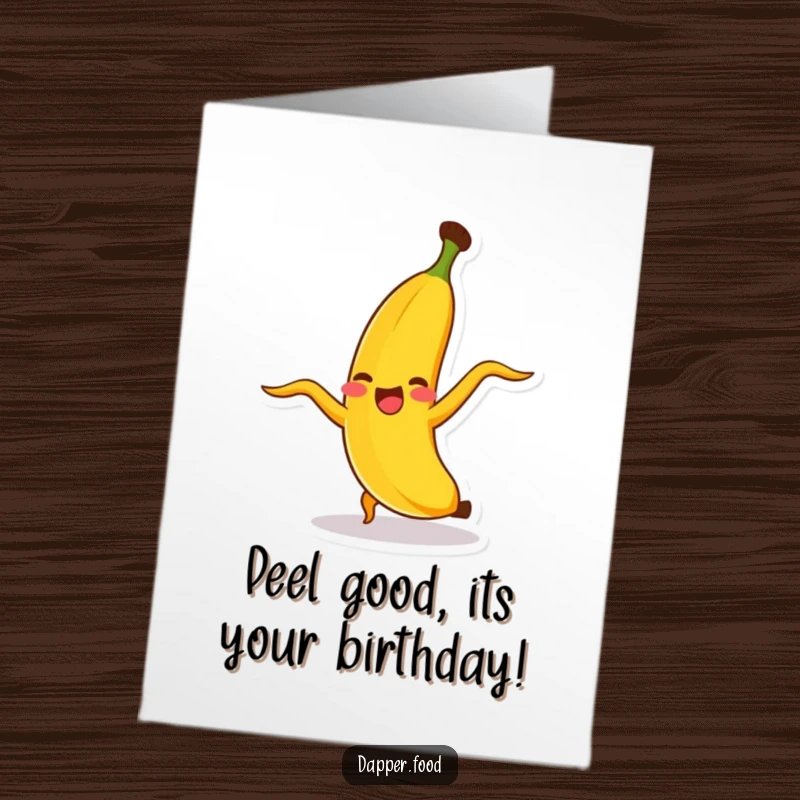 Funny Free Printable Birthday Card: Giggling banana doing a cartwheel, peel flying off, celebrating with energetic fun, art download.