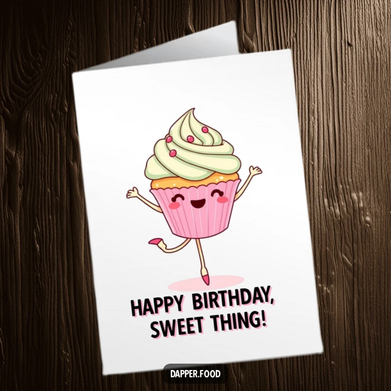 Funny Free Printable Birthday Card: Cheerful Cupcake with Legs Performing a Graceful Ballet Pirouette