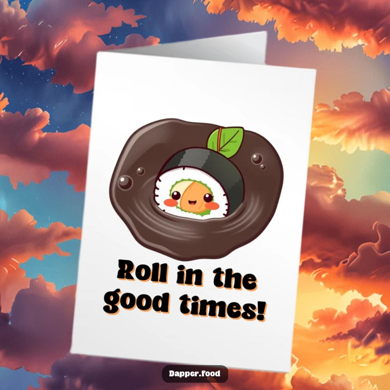 Funny Free Printable Birthday Card: A joyous Kawaii sushi roll happily swimming in a dark soy sauce puddle, with little splashes around.