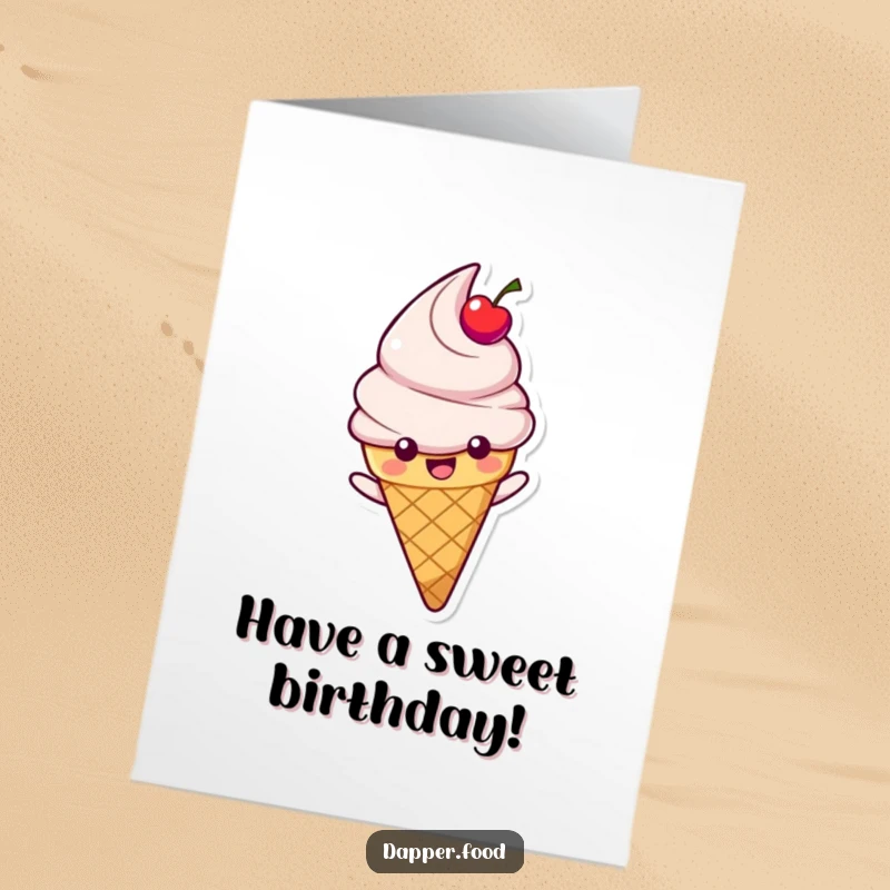 Funny Free Printable Birthday Card: Happy ice cream cone character with a cherry topping gleefully sliding down a slope.