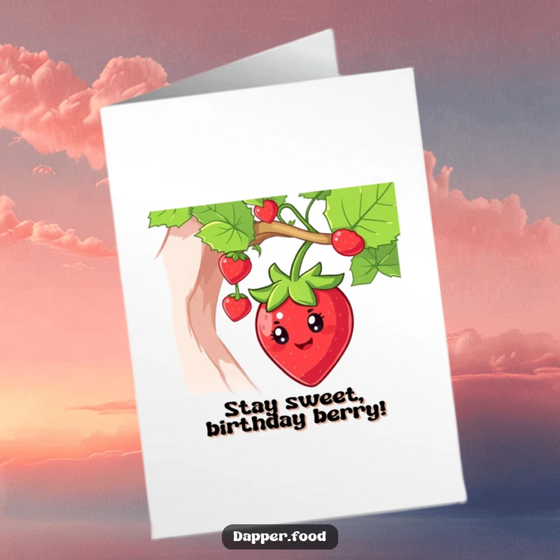 Funny Free Printable Birthday Card: Smiling strawberry swinging from vine, bright-eyed, digital greeting