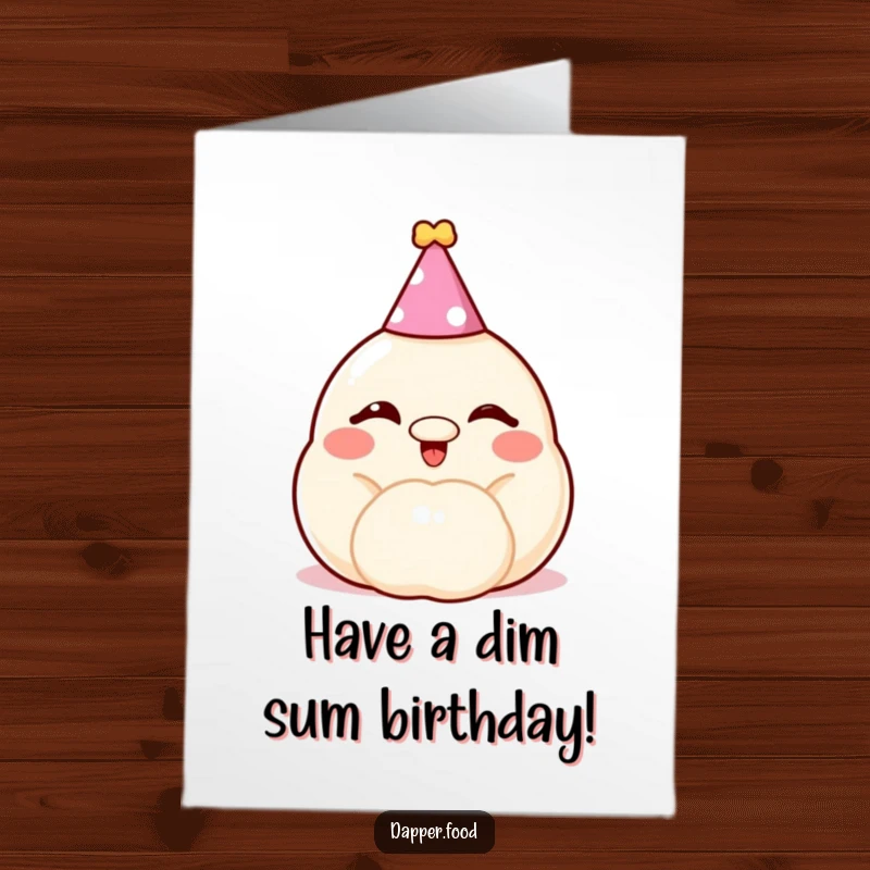 Funny Free Printable Dumpling Birthday Card, a cheerful dumpling wearing a party hat and winking, wishing a happy birthday with playful charm.