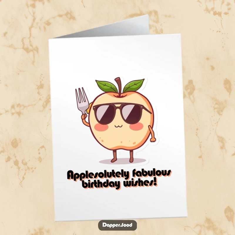 Funny Free Printable Birthday Card: A blushing apple with wings and a ribbon tries to fly, full of birthday excitement.