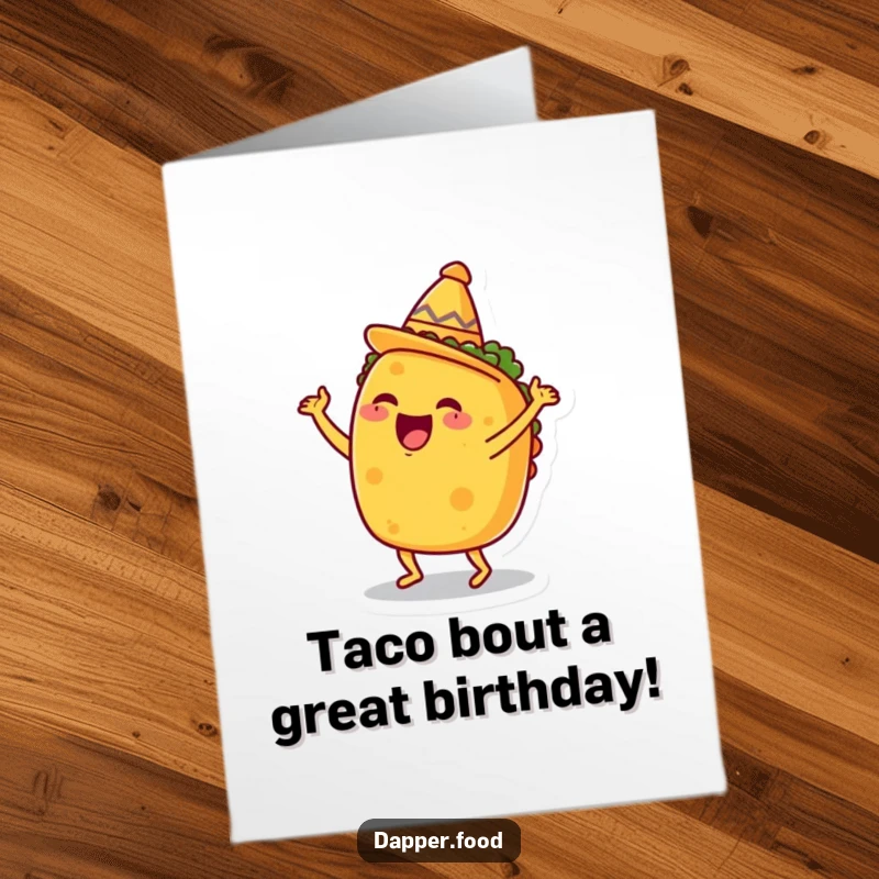Funny free printable birthday card of an excited taco doing a happy dance under a tiny sombrero, celebrating with gusto.