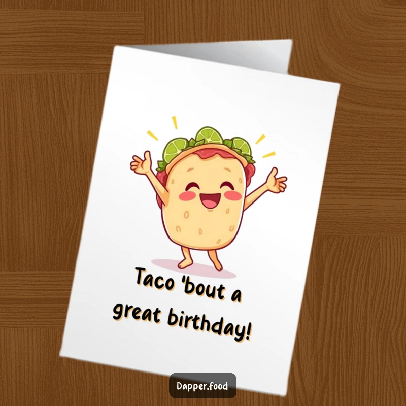 Funny free printable birthday card featuring a cheerful taco doing a victory dance surrounded by zesty lime wedges.