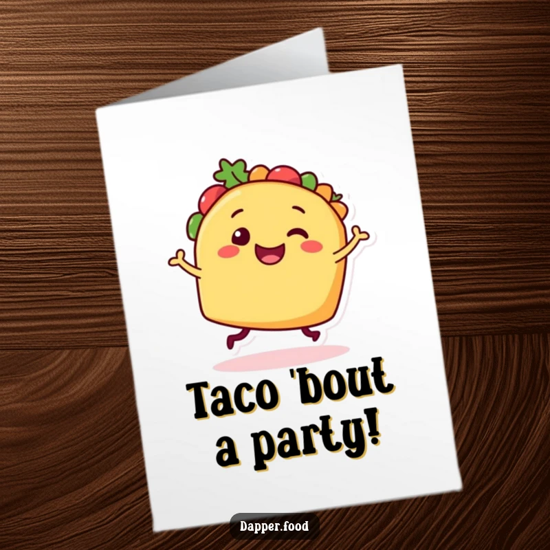 Funny Free Printable Birthday Card: A smiling taco with legs happily dancing, ready to celebrate your special day.