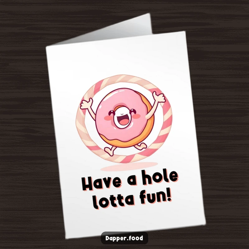 Funny Free Printable Donut Birthday Card, a gleeful donut enthusiastically jumping through a candy hoop, celebrating a special birthday with joy.