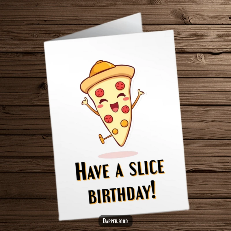 Funny Free Printable Birthday Card: Winking pizza slice character with jaunty hat giving thumbs up. A cheesy, downloadable celebration.