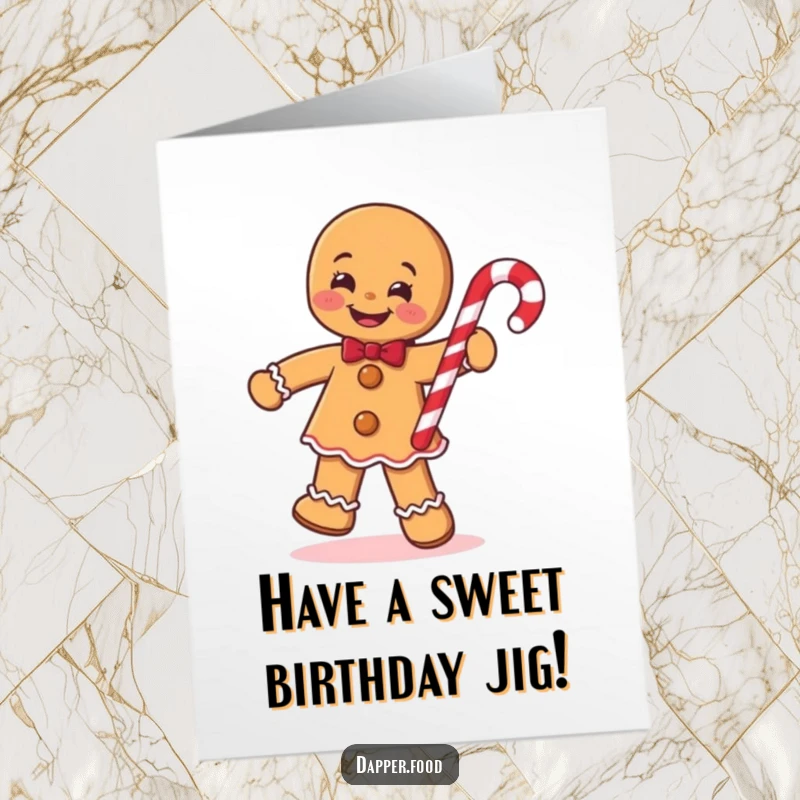 Funny free printable birthday card of a smiling gingerbread man happily doing a jig while holding a candy cane, ready to party.