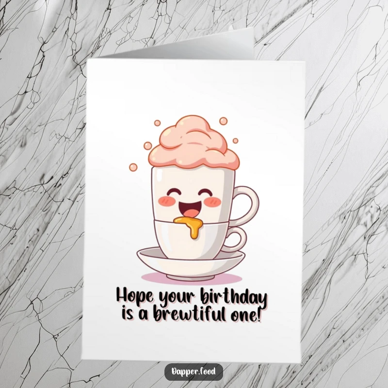 Funny Free Printable Birthday Card: A cute coffee mug character joyfully spilling colorful bubbly foam onto a small saucer.